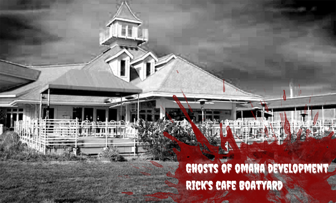 black and white photo of Rick's Cafe Boatyard in Omaha overlayed with a blood spatter
