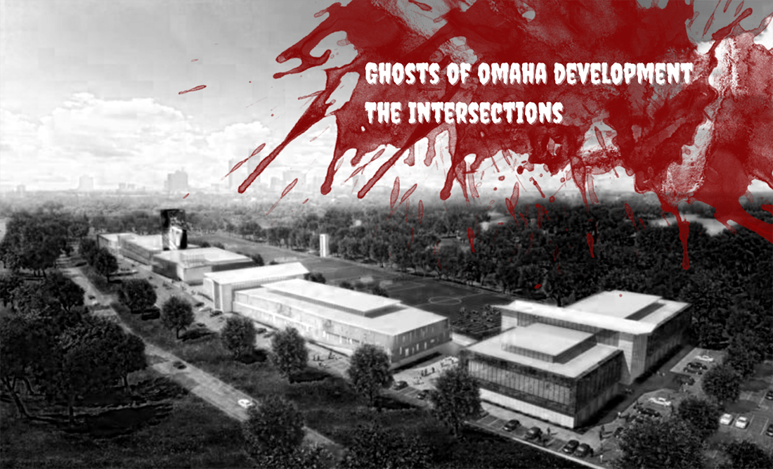 A black and white photo of the renderings of The Intersections campus, overlaid with a blood splatter.