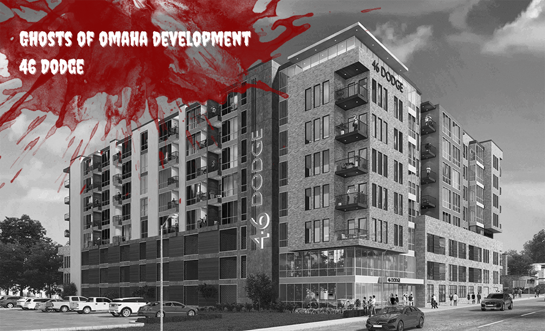 A black and white photo of the renderings of the outside of 46 Dodge. A blood splatter is overlayed.
