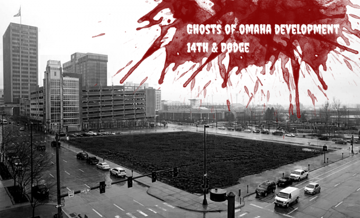 A black and white photo of the empty lot at 14th and Dodge Streets in downtown Omaha. The image is overlayed with a blood splatter.
